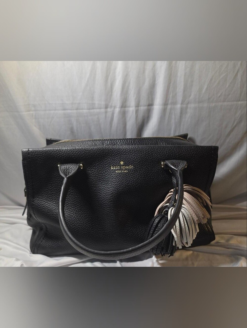 kate spade Black Pebbled Leather Satchel with Tassel Charm